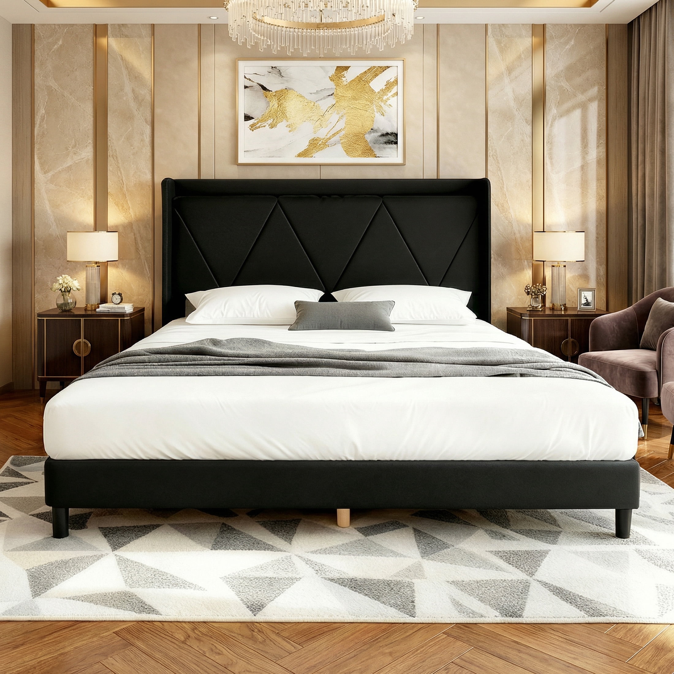 edx Full Bed Frame with Charging Station & Wingback Upholstered Headboard, Platform Bed with Storage & Solid Wood Support, No Box Spring, Black