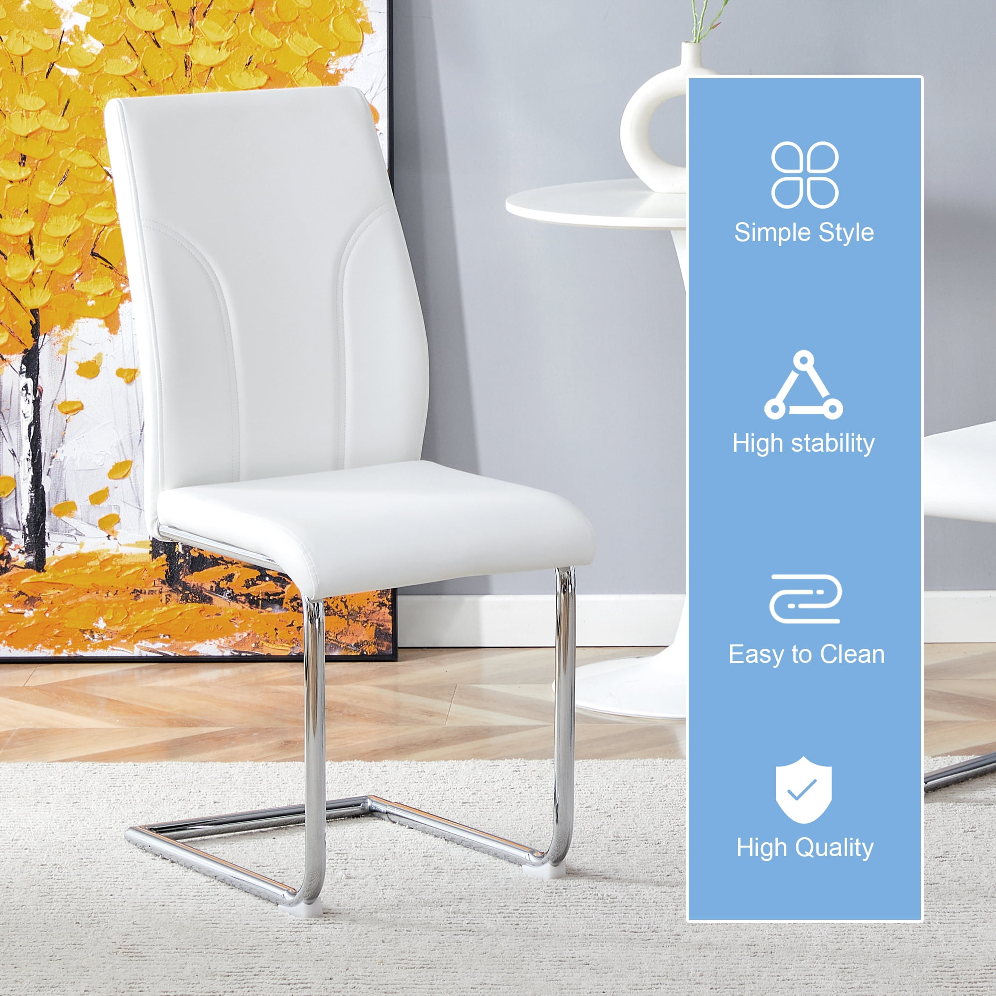 White PU Dining Chairs Set of 4 with High Back and Sturdy Legs for Dining Room Kitchen Living Room