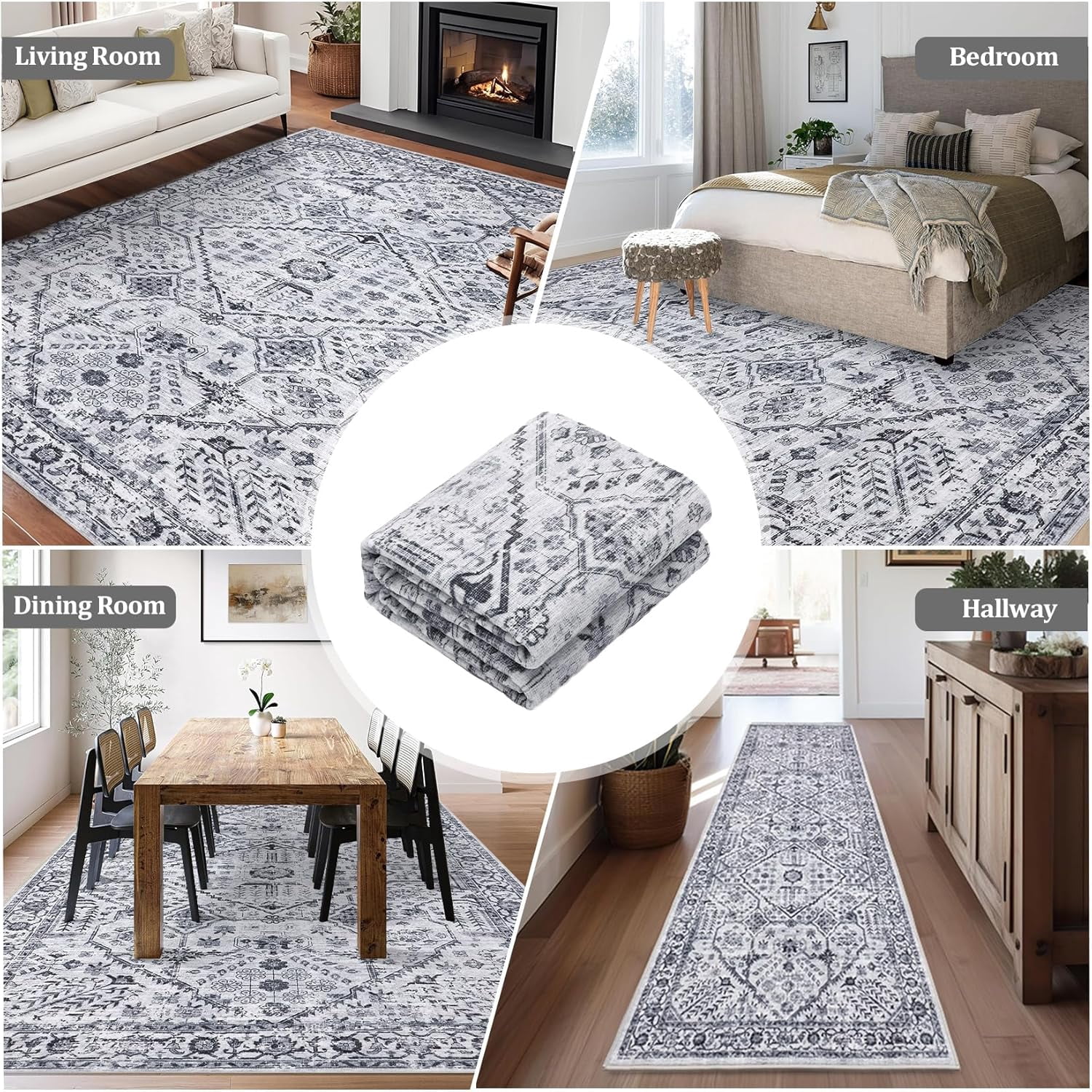 5x7 Area Rugs Washable Soft Vintage Large Rugs Boho Farmhouse Low Pile Non-Slip Indoor Throw Carpet Rugs Dining Room (Grey 5'x7')