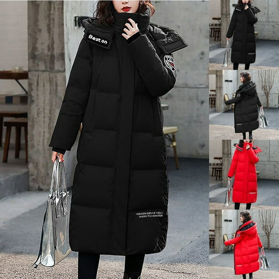 Jinhomg Women's Warm Winter Hooded Coat Heavyweight Comfy Double Closure Puffer Jacket Plus Size Long Sleeve Outerwear with Pockets Flash 90 off Clearance Sale Black M