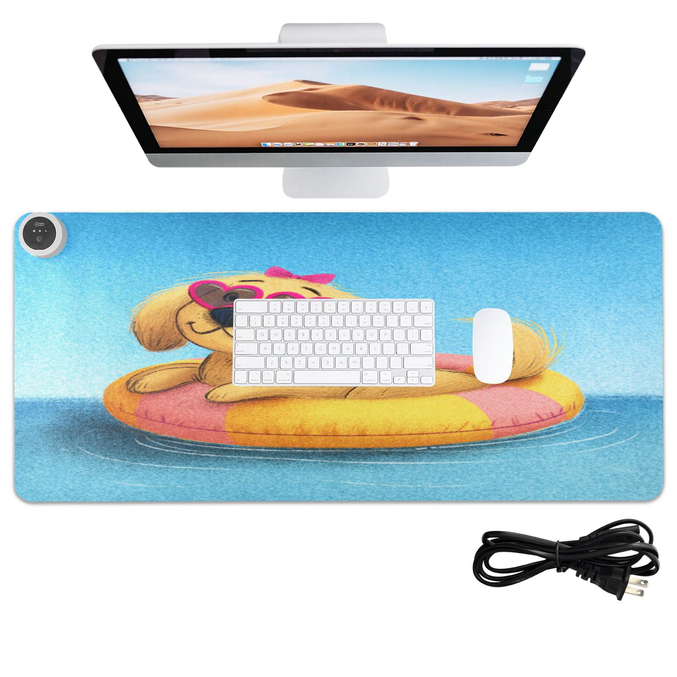 Large Heated Desk Mat Mouse Pad 31.5"x13"PU Leather Graphene Heating Desk Warmer with 3 Temperature Settings 110V US Plug Non-Slip Warm Pad for Home, Office, and Gaming Heart Glasses Dog Pattern