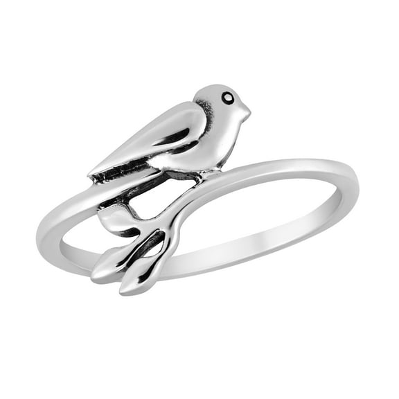 Sweet Bird On a Leafy Branch Sterling Silver Band Ring-8