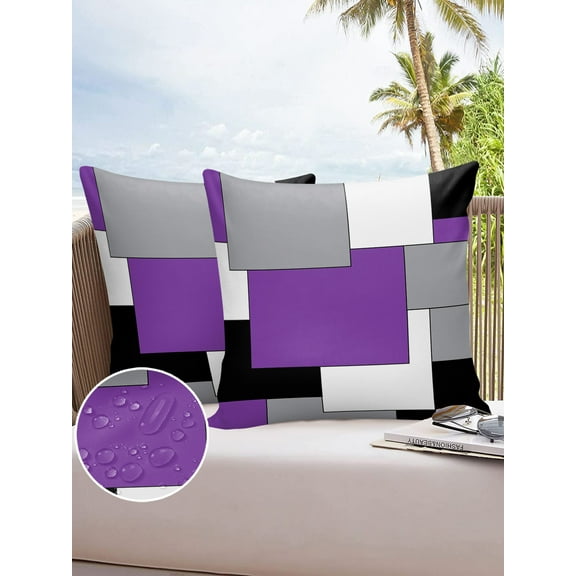 Outdoor Throw Pillow Cover Purple Black Gray White Abstract Art Waterproof Cushion Covers 2 Pack Splicing ArtWork Pillow Cases Home Decoration for Patio Garden Couch Sofa