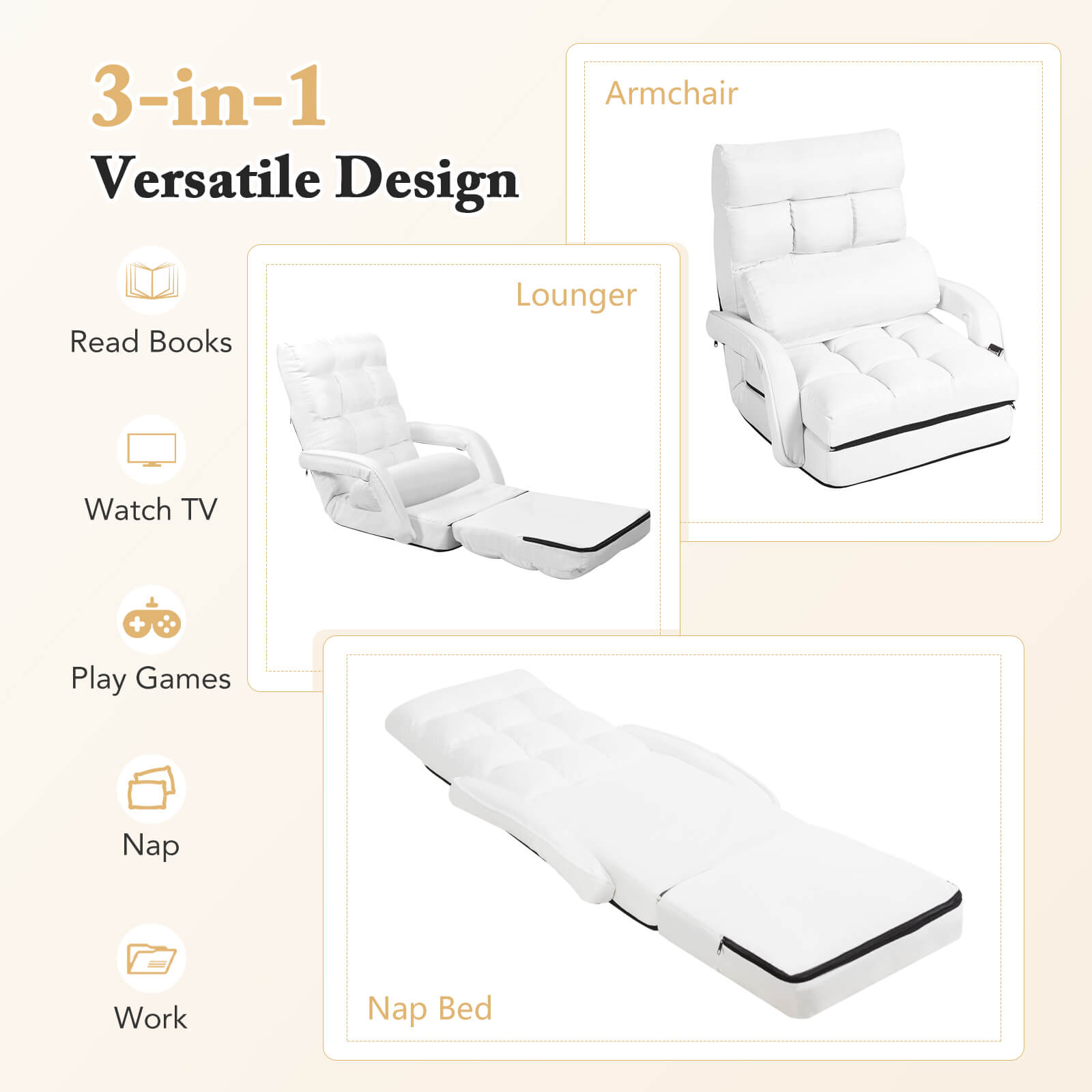Costway Folding Floor Single Sofa Recliner Chair W/ a Pillow 5 Adjustable Backrest Position Leisure Lounge Couch White