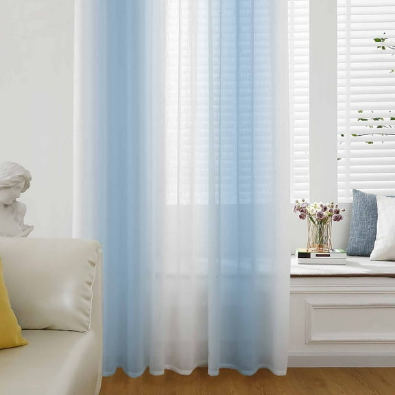 Sky Blue White Semi Sheer Curtains Drapes for Living Room, Bedroom, French Doors Window 108 Inches Long, Gradient Vertical Stripes Minimalist Rod Pocket Chiffon Curtain Drapery Voile Draperies Panel