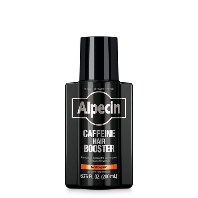 tónico capilar alpecin black edition con cafeína para aumentar el cabello, 200 ml Vista frontal centrada de la botella rectangular negra con tapa cilíndrica, etiqueta blanca con logotipo Alpecin y texto 'Caffeine Hair Booster' y detalles en naranja; envase sobre fondo blanco. Suele usarse como tónico tópico diario para recargar el cuero cabelludo y, por su tamaño compacto, es adecuado para llevar en viajes cortos.