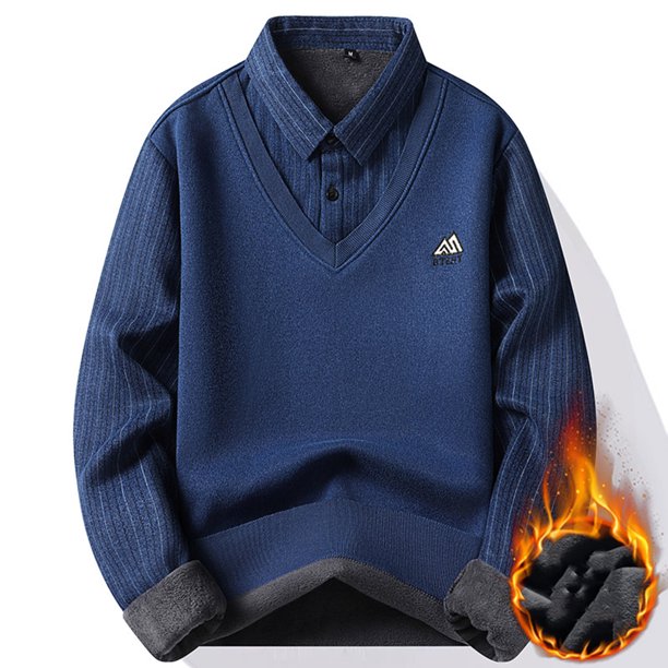 Blusa y camisa de manga larga con cuello vuelto para hombre, informal, de moda, con forro polar falso, dos botones LED, suéter de manga larga, blusa de poliéster para hombre