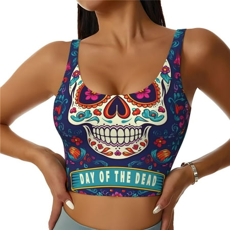 Adobk Dead Day Party Print Sports Bras for Women Longline Workout Crop Tank Tops Padded with Built in Shelf Padded Sports Bra-Medium