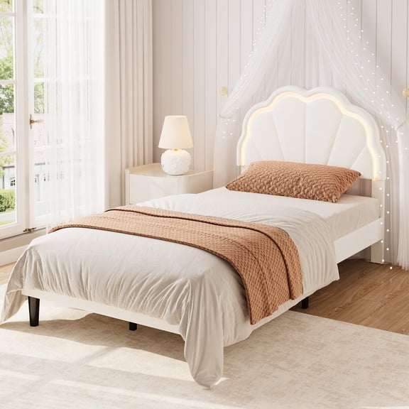 Luxury Upholstered Platform Bed Frame with Thick Padded Velvet Headboard and Built-in LED Lighting Sturdy Twin Size Modern Bedroom Furniture with Under-Bed Storage – White