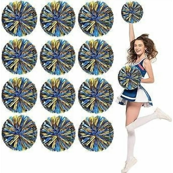 SHANJIA Cheer Pom Pom, 12PCS Cheerleading Flower Ball, Plastic Pom Poms for Adults Sports Team Spirit Cheering Dance, Stage Performance, Carnival Celebration (25cn, Blue Gold)