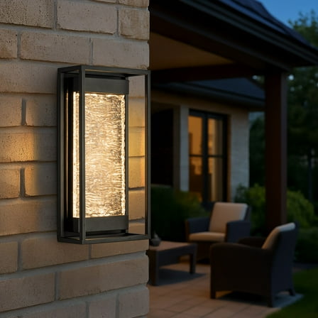 H15" Modern Outdoor Integrated LED Wall Light with Dusk to Dawn Sensor Matte Black Exterior Light Fixture with Handcrafted Textured Glass Wall Lantern for Porch Garage Entryway