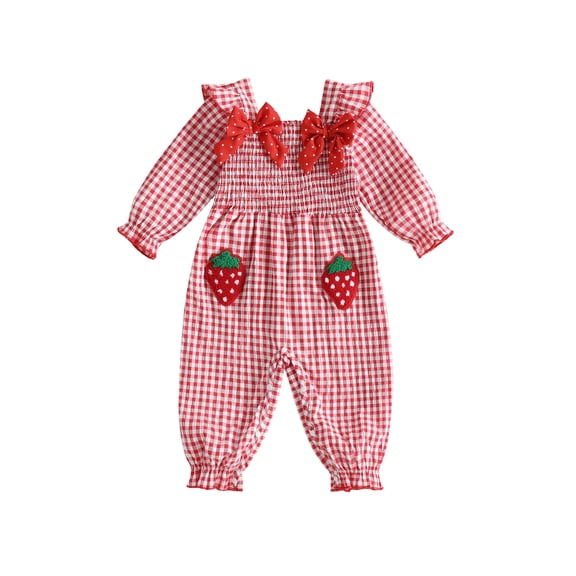 Loicainy Infant Baby Girl Strawberry Romper 3 6 9 12 18 24 Months Bows Plaid Long Sleeve Smocked Bubble Jumpsuit