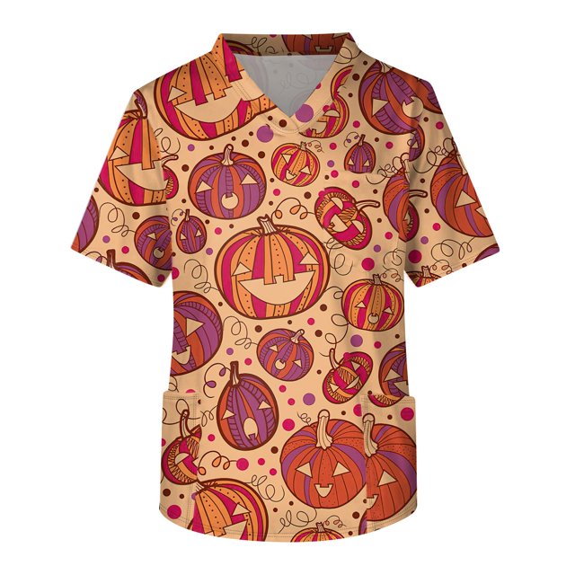 Men's Short Sleeve V-Neck Halloween Print Chest Pocket Care Top 2XL