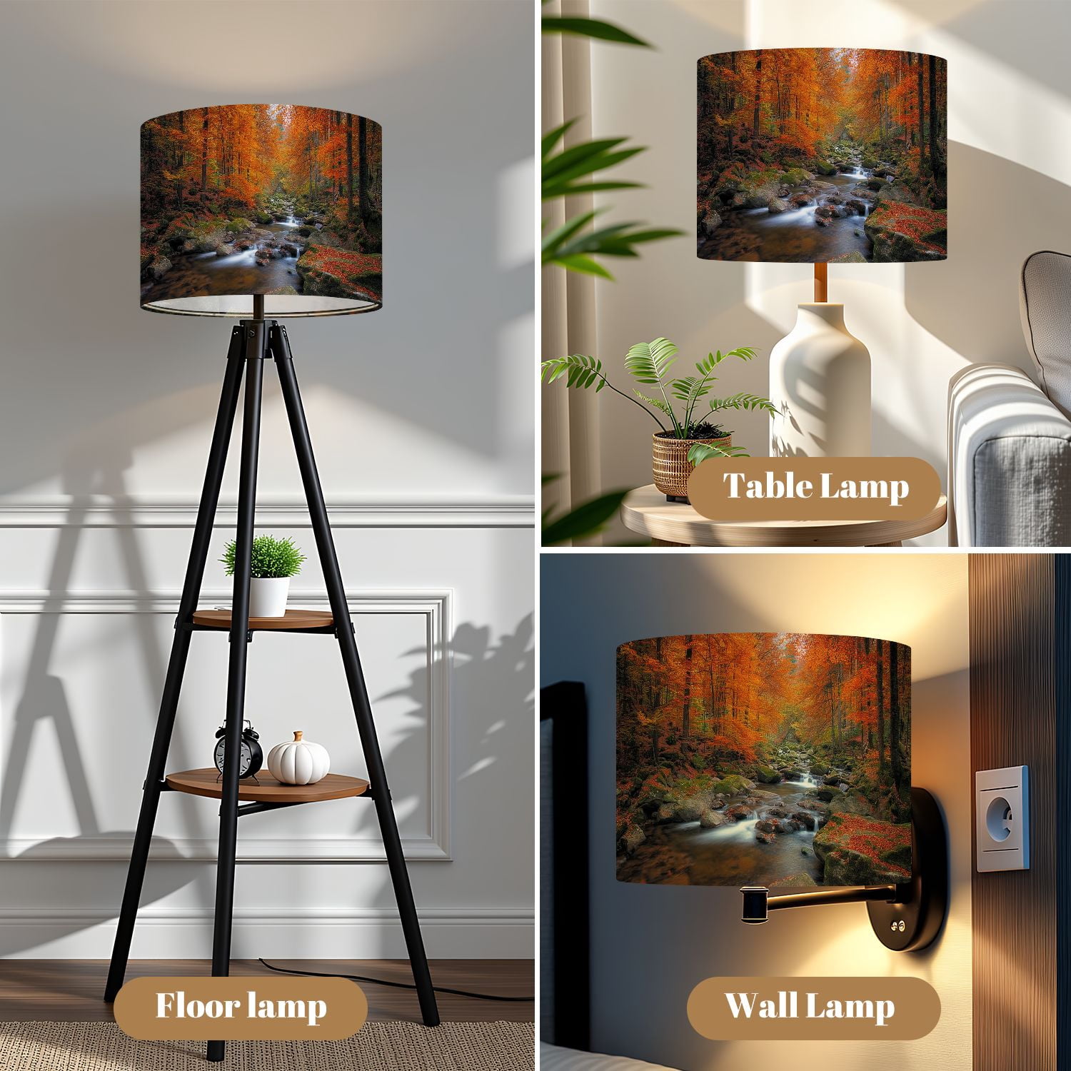 Linen Drum Lamp Shades Stream foggy Forest autumn Nationalpark Harz 13" x 13" x 10" Lampshade for Table Lamps Floor Lamps Lamp Shade Replacement Easy Assembly Required