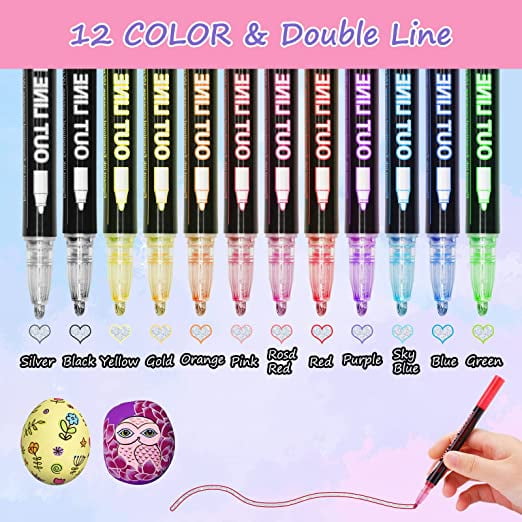 12-color Shimmer Outline Markers Set - Perfect For Kids Ages 8-12