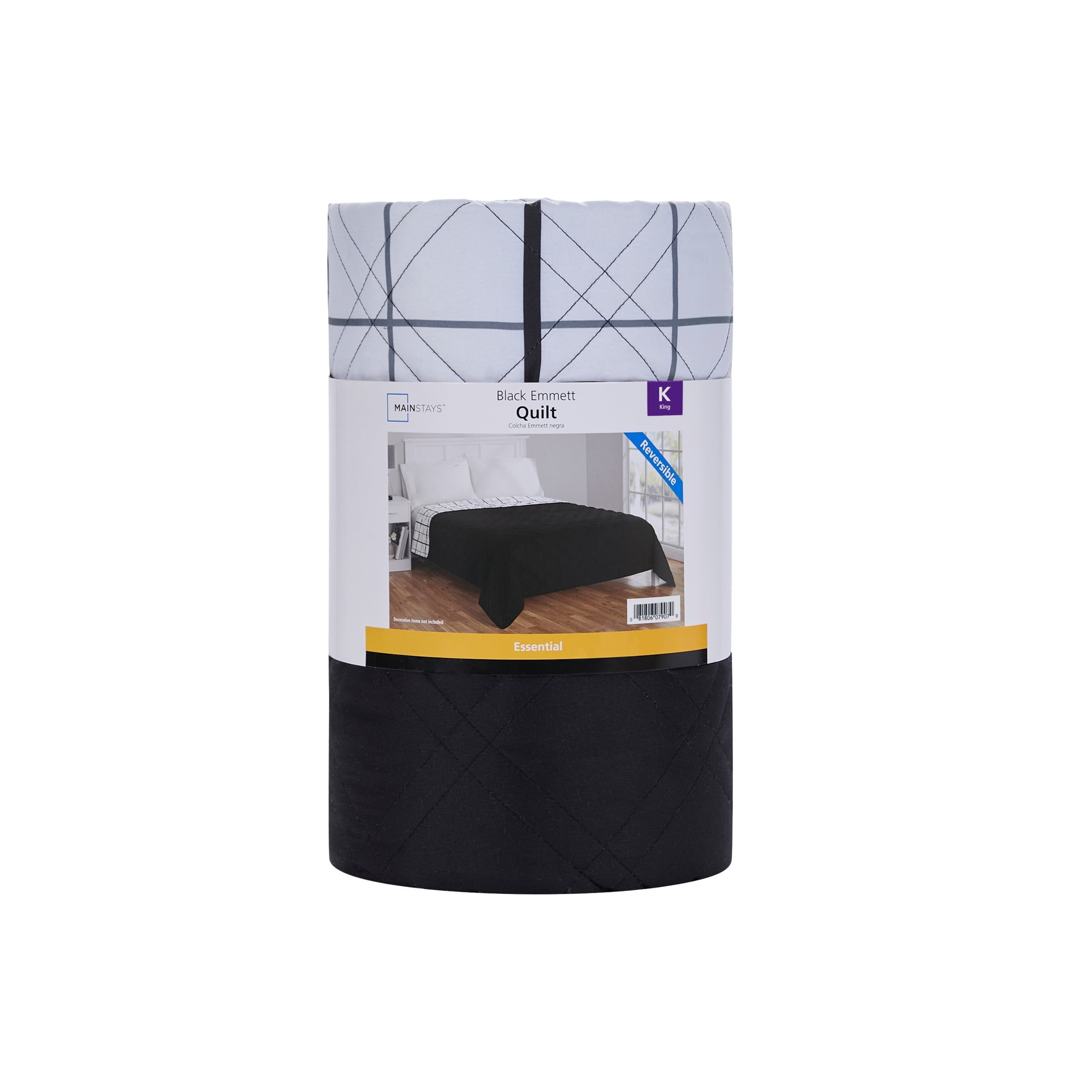 Mainstays Plaid Quilt, King, Black & White, Lightweight & Reversible Bedding