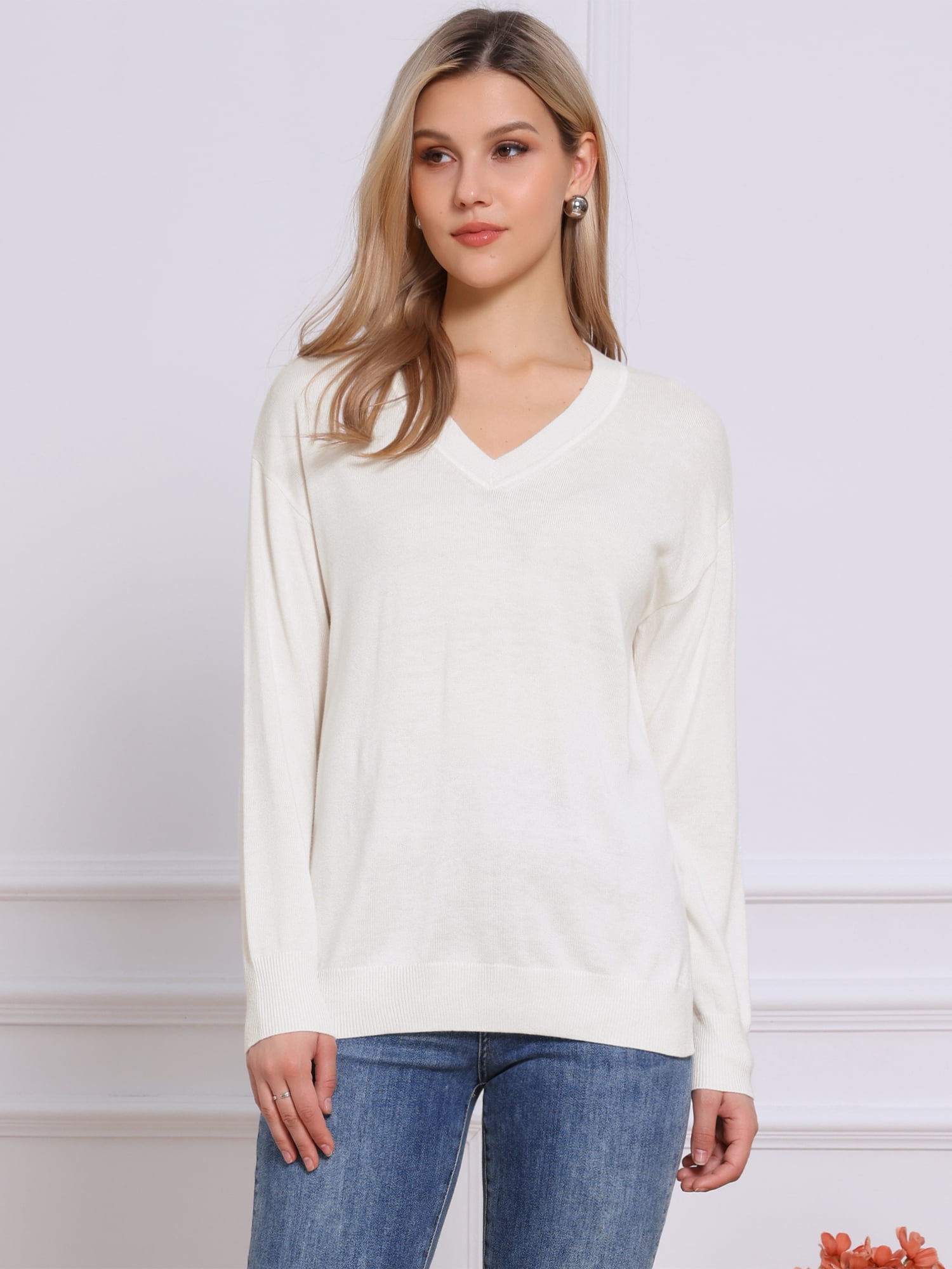 DARING DIVA Women's V Neck Sweaters Long Sleeve Pullover Jumper Tops M Beige