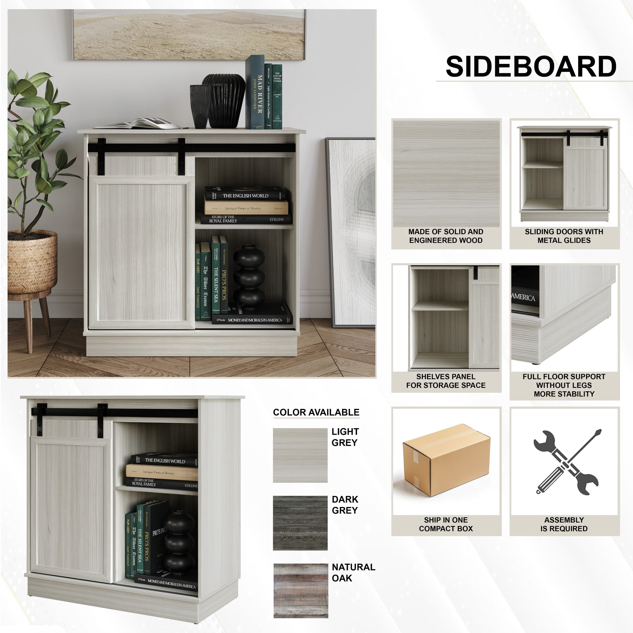 Castle Place Minimalist Sideboard Buffet Cabinet, Dark Grey