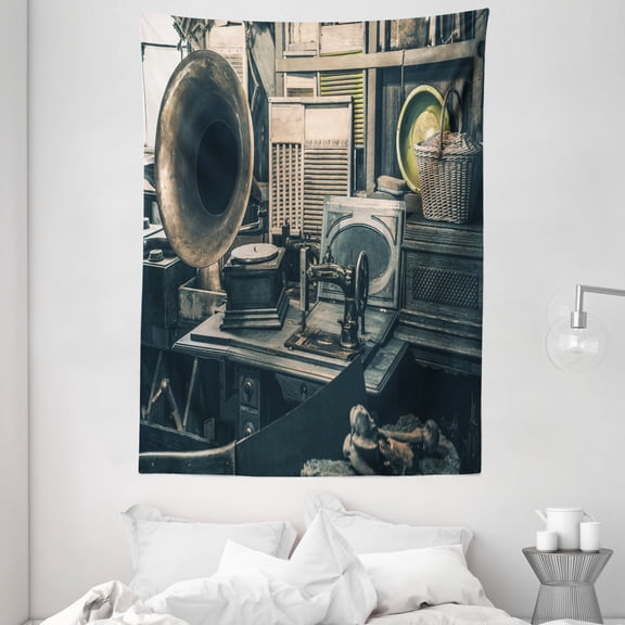 Antique Tapestry, Antique Store Inventory Old Gramophone Sewing Machine Other Early Twenty Century Stuff, Wall Hanging for Bedroom Living Room Dorm Decor, 60W X 80L Inches, Sepia, by Ambesonne