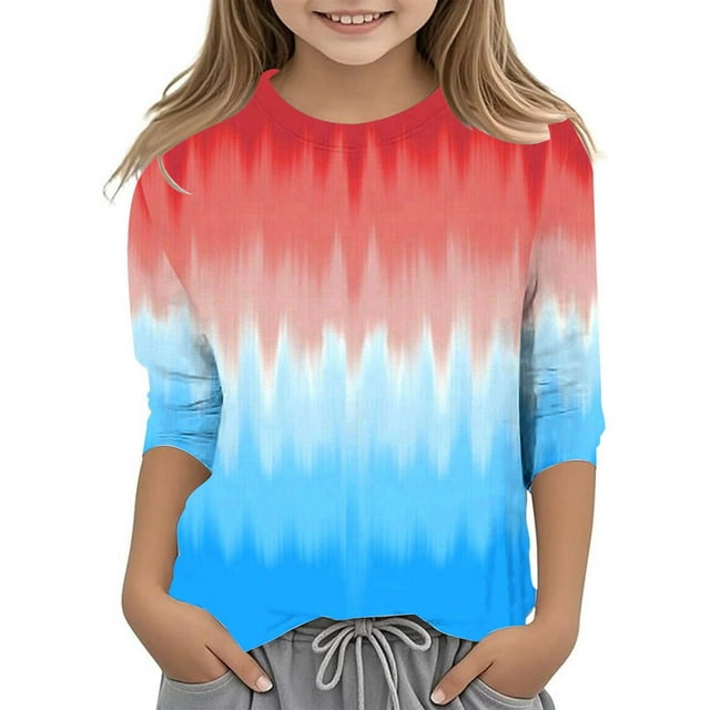 JAKANYQ T-Shirt à la Mode Imprimé Teinture sur Nœuds pour Filles, Col Rond Polyvalent, Manches 3/4, Décontracté, Rouge 3-4 Ans