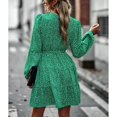 thumbnail image 3 of Vestido midi floral verde con escote en V, manga larga, corte A y lazo en la cintura para primavera/otoño, 3 of 8
