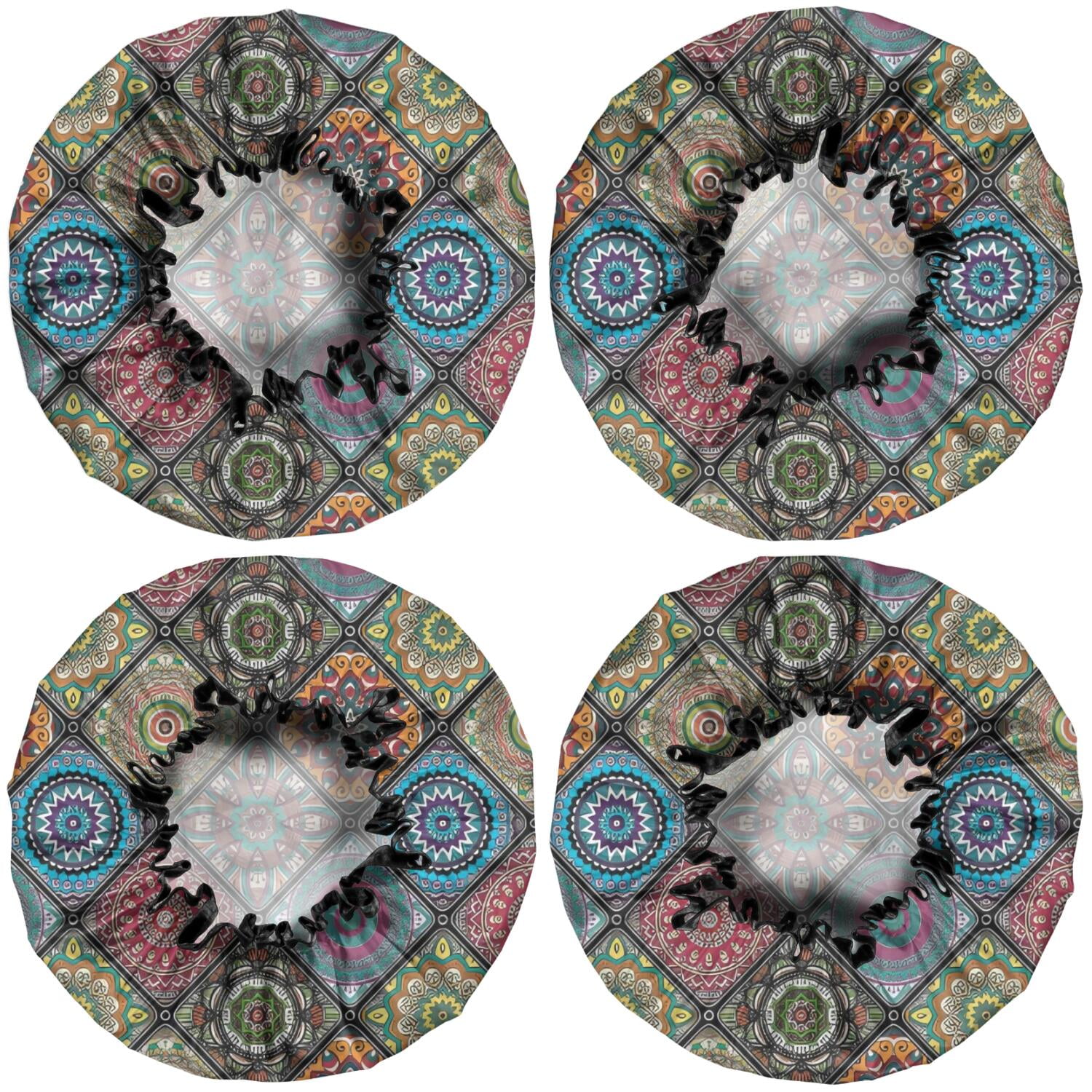 Shower Caps,Multicolor Ethnic Mandala Pattern Waterproof Shower Cap for Women 4 Pieces,Double Reusable Hair Cover for Shower PEVA Elastic Stretch Hem
