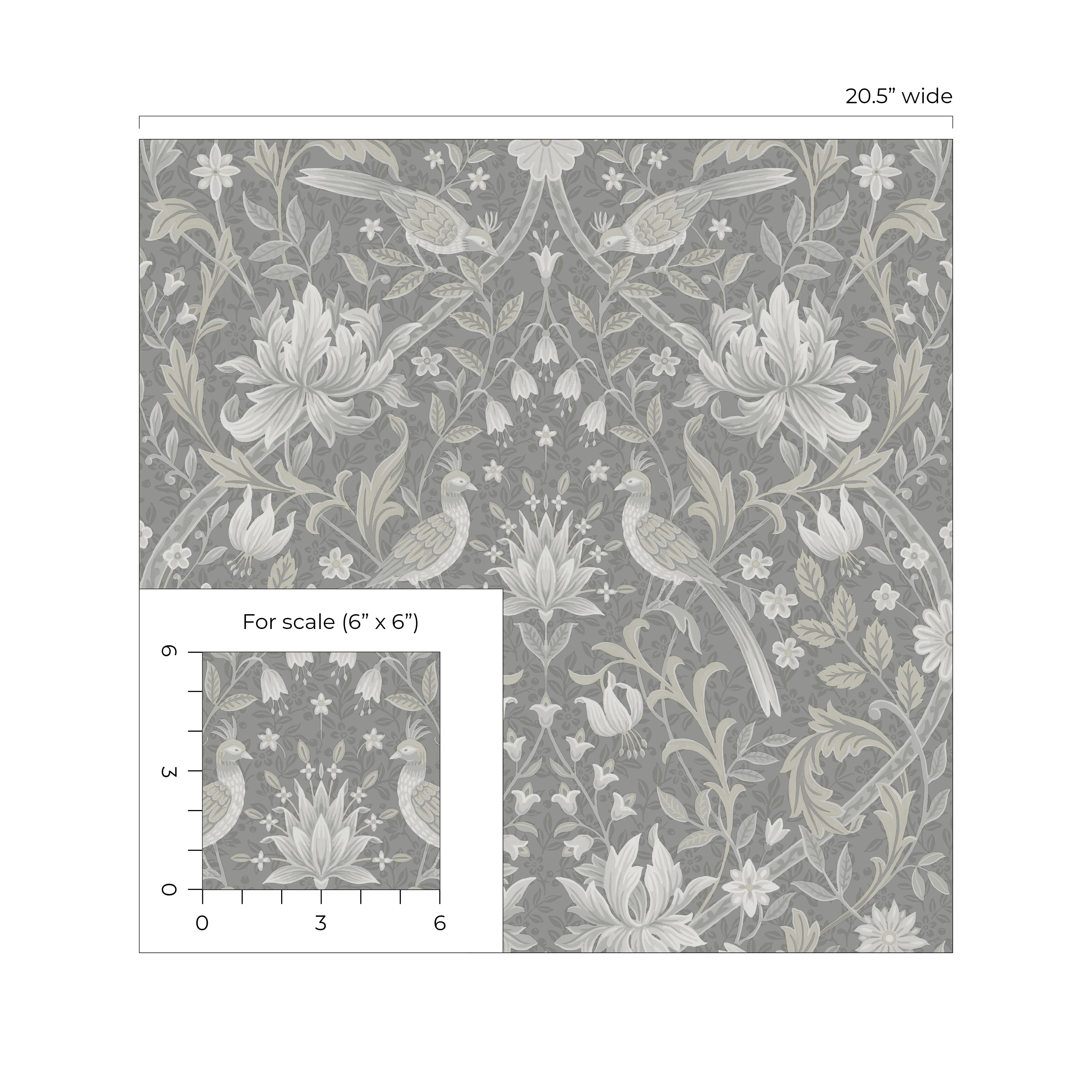 NextWall Grey Vintage Bird Ogee Peel and Stick Wallpaper - 20.5 in. W x 18 ft. L Roll