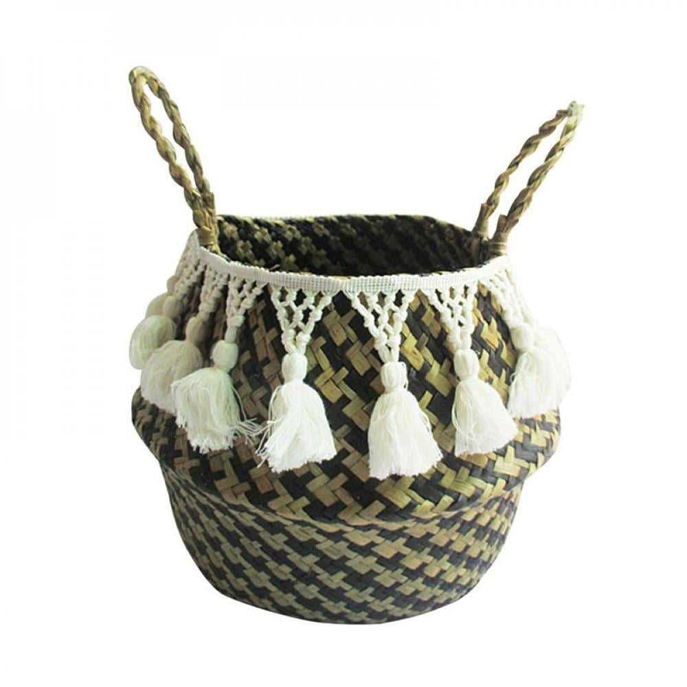 Handmade Bamboo Storage Baskets Foldable Laundry Straw Patchwork Wicker Seagrass