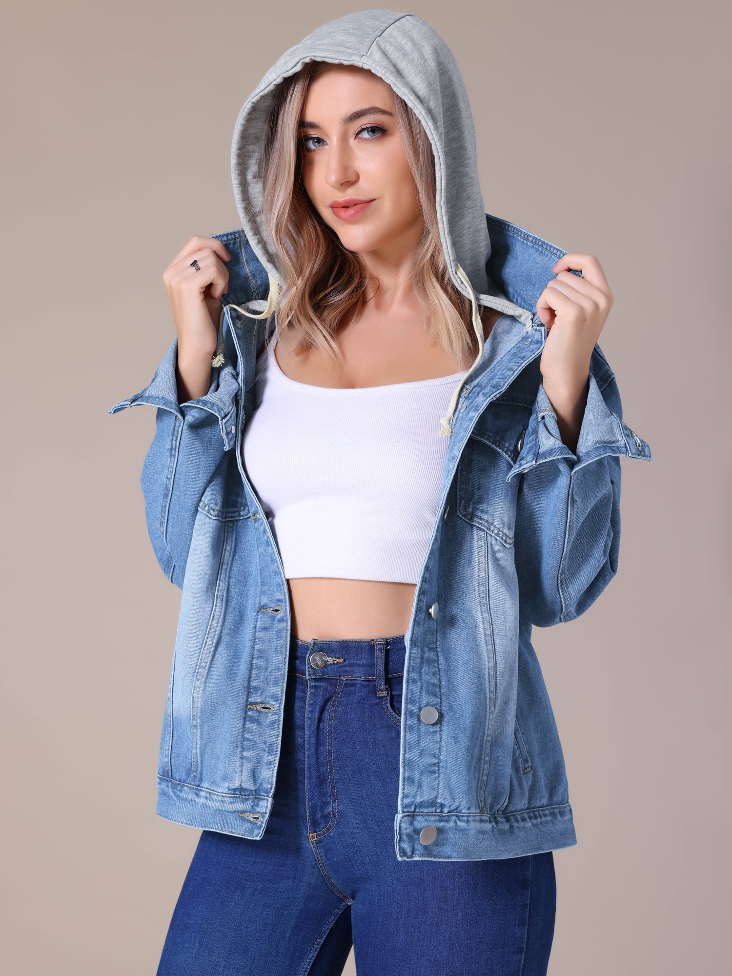 Unique Bargains Women's Denim Long Sleeves Jacket with Detachable Hoodie XL Blue