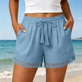 thumbnail image 2 of Workout Shorts Women Shorts for Women Lace Trim Summer Shorts Elastic Waist Drawstring Loose Beach Bottoms with Pockets Blue L, 2 of 7