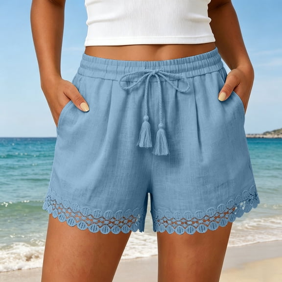 Linen Cotton Beach Shorts For Women Summer Drawstring Pocket Elastic Waist Solid Vacation Lounge Daily Casual Weekend Beach Wear All Day Ease Easy Pull On Style Blue XXL