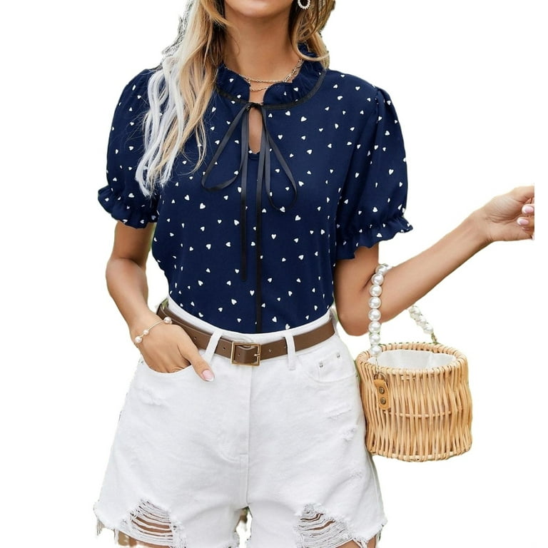 Womens Blouse Tops Confetti Heart Print Tie Neck Blouse Navy Blue