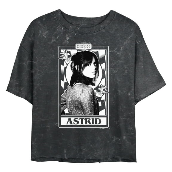 Junior's Beetlejuice Beetlejuice Astrid Black and White Card Graphic Crop T-Shirt