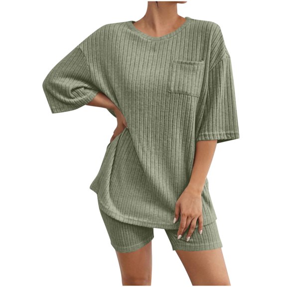 BUIGTTKLOP Lounge Sets for Women Ribbed Knit 2 Piece Outfits Short Sleece Crewneck Top High Waisted Biker Shorts