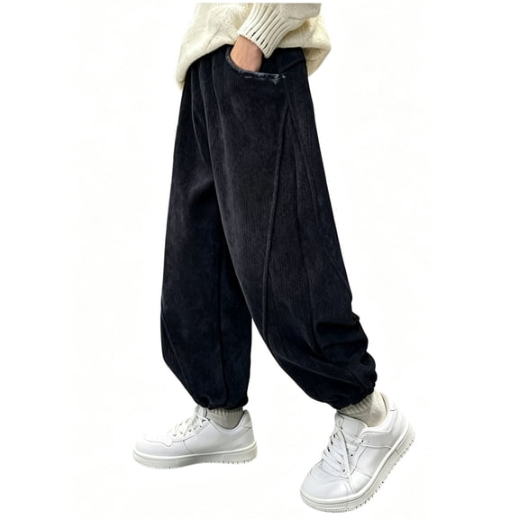 Edvintorg Boys Pants Size 10-12 Elastic Waisted Loose Casual Corduroy Trouser Fall Winter Straight Leg Athletic Cuffed Pant with Pocket Boy Clothes