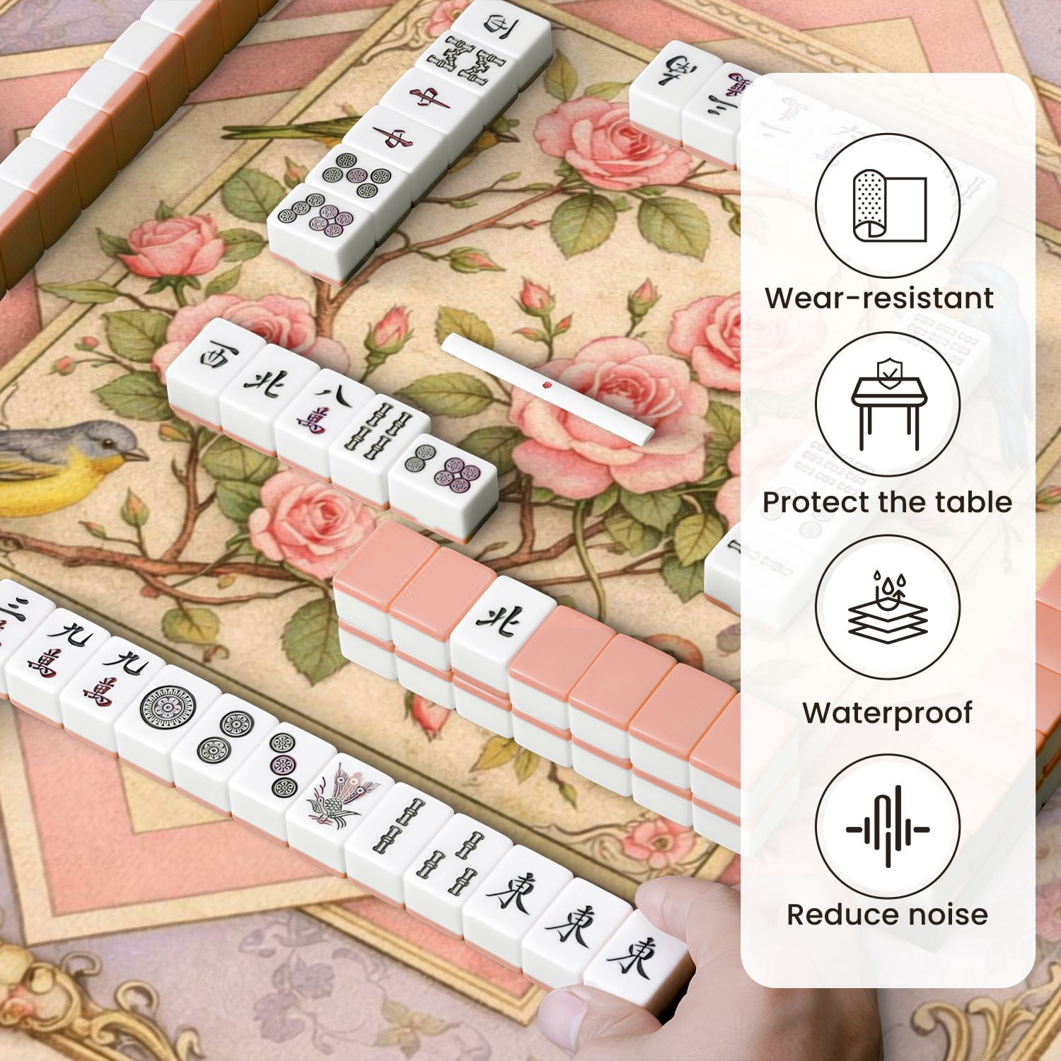Mahjong Mat 31.5" x 31.5" Vintage Floral Birds Roses Soft Pink Green Tones Non-Slip Noise Reduction Mahjong Tiles Table Cover for Dominoes Poker Card Board and Tile Games