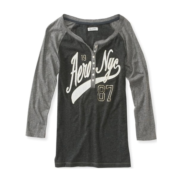 Aeropostale Nyc Raglan Henley Shirt para mujer, gris, pequeño Aeropostale henley