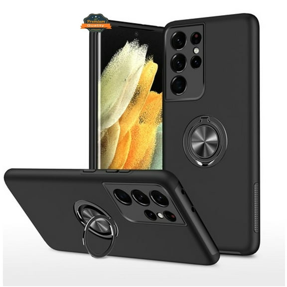 For Samsung Galaxy S23 Hybrid Military Grade with Flat Metal Ring Stand 360° Rotation Kickstand Hard PC Back Slim Fit Phone Case Cover by Xpression - Black