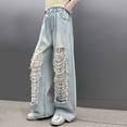 thumbnail image 4 of PLHWHYQ Distressed Denim Pants For Girls Straight Leg Loose Fit Casual Summer Trousers Thin Comfortable Long Jeans Light Blue 6-7 Years, 4 of 6