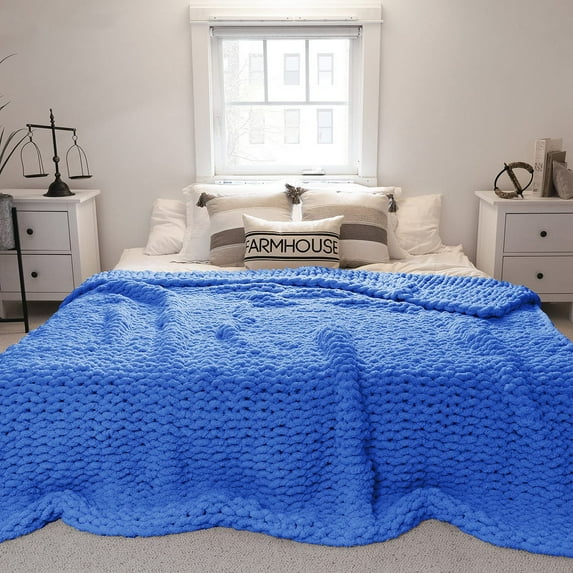 Modenna Chunky Knit Blanket Throws Chenille Throw Blanket, Denim Blue, 80"x 80"