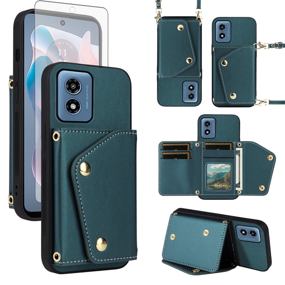 Furiet Wallet Case for Motorola Moto G Play 4G 2024 with Tempered Glass Screen Protector Slim Flip Purse Shoulder Strap, Card Holder Stand Phone Cover for XT2413V XT2413-1 64GB Women Men Green