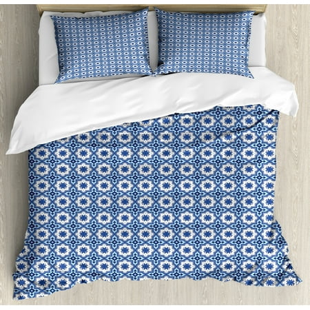 Navy Blue Duvet Cover Set Moroccan Traditional Tile Motifs With
