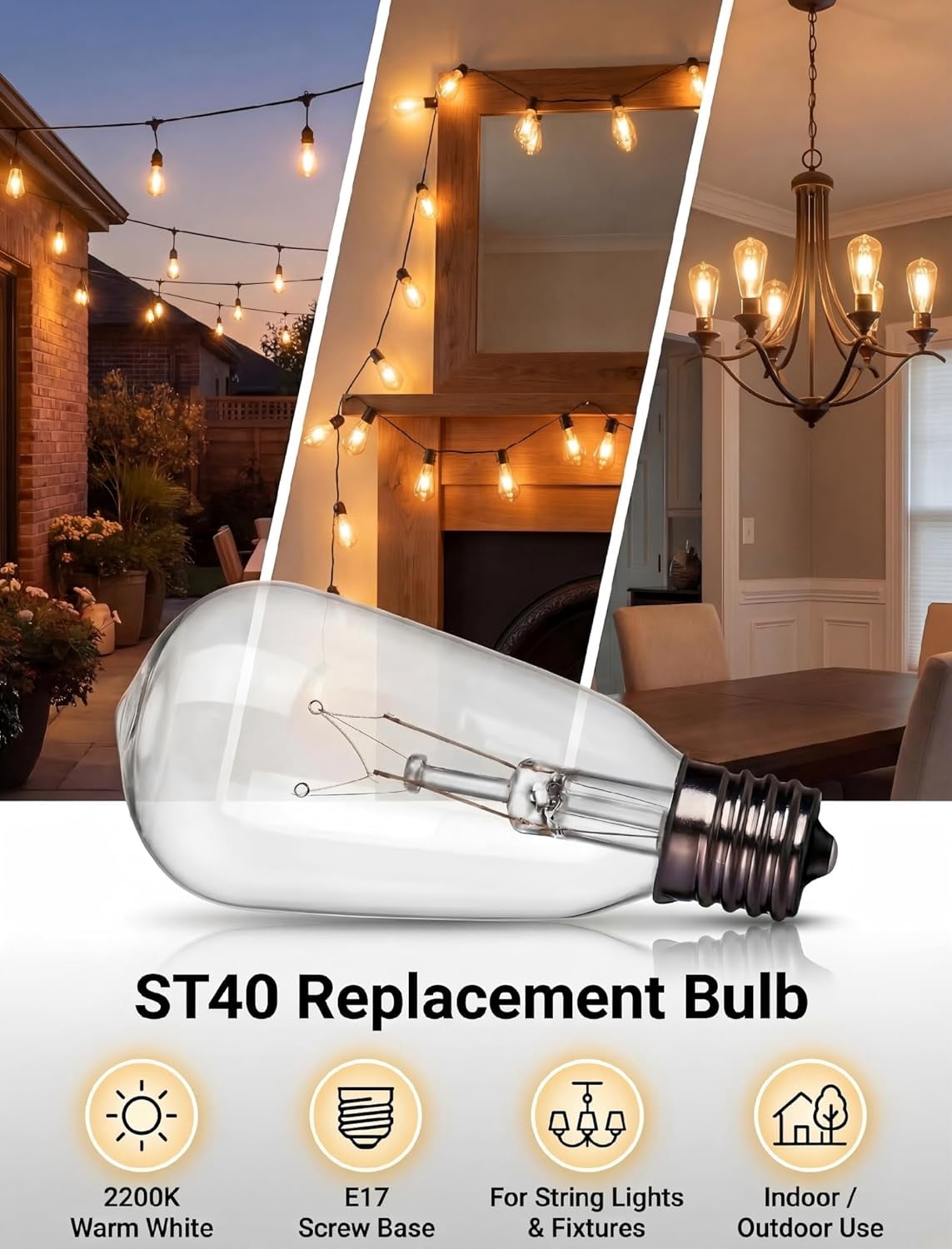 10 Pack ST40 Replacement Bulbs for Outdoor String Lights, 7W E17 Intermediate Base Clear Incandescent Edison Bulbs for Indoor Outdoor Patio Backyard Decor, Warm White