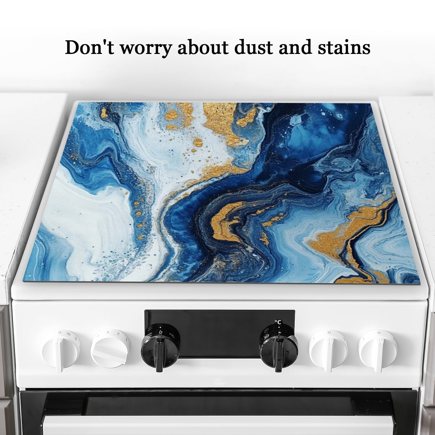 Square Glass Induction Cooktop Protector Mat, Blue White Marble Print Modern Decor Glass Stove Cover, Heat Resistant Foldable Decoration Pad for Kitchen RV (28×20 Inch)