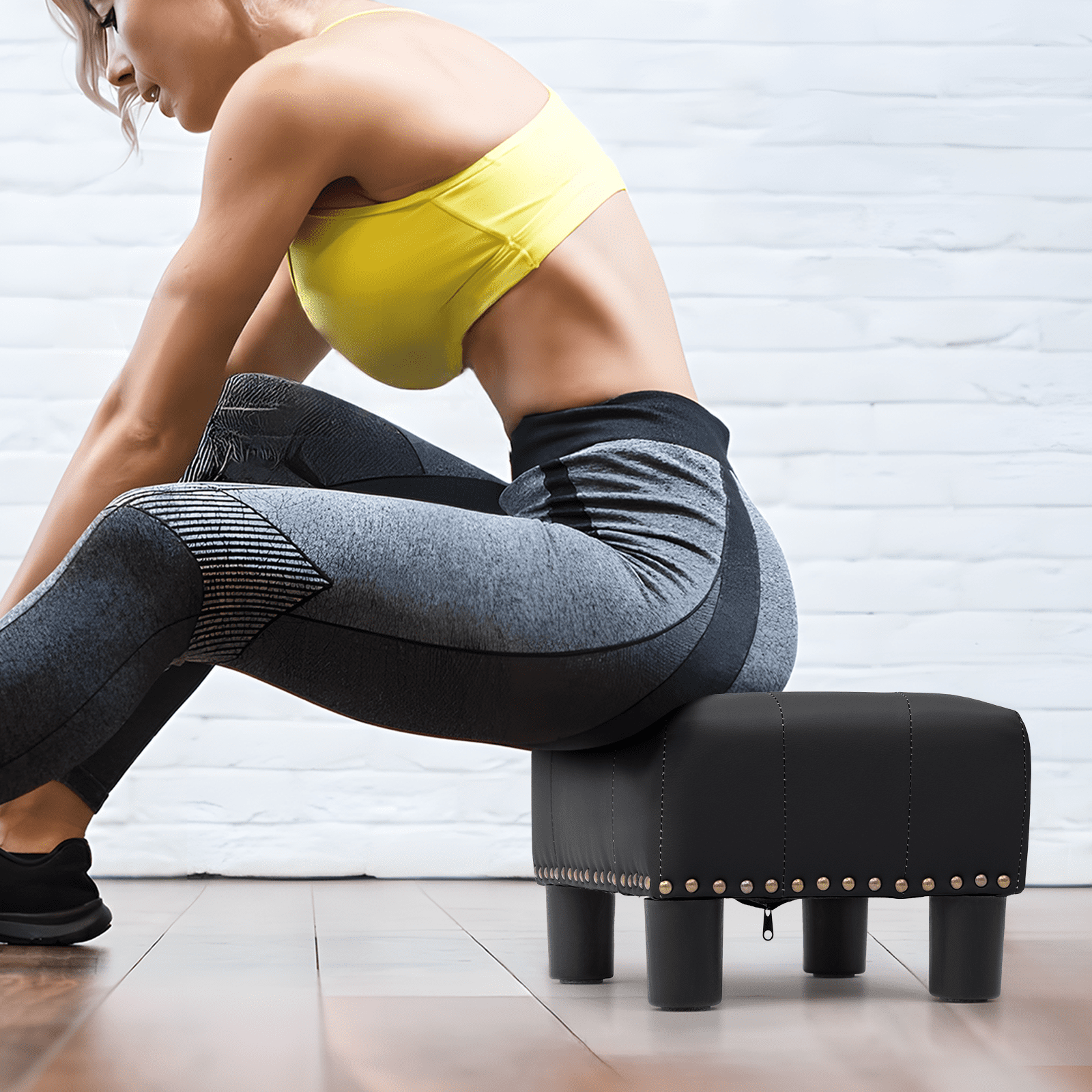 Magshion Foot Stool Ottoman with Padded Seat, Modern PU Leather Footrest, Rectangular Seat Stool, Black