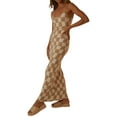 thumbnail image 1 of Gupgi Femmes Tricot Fronceur Longue Robe Sans Manches à Damier Imprimé Côtelé Robes Bodycon, 1 of 6