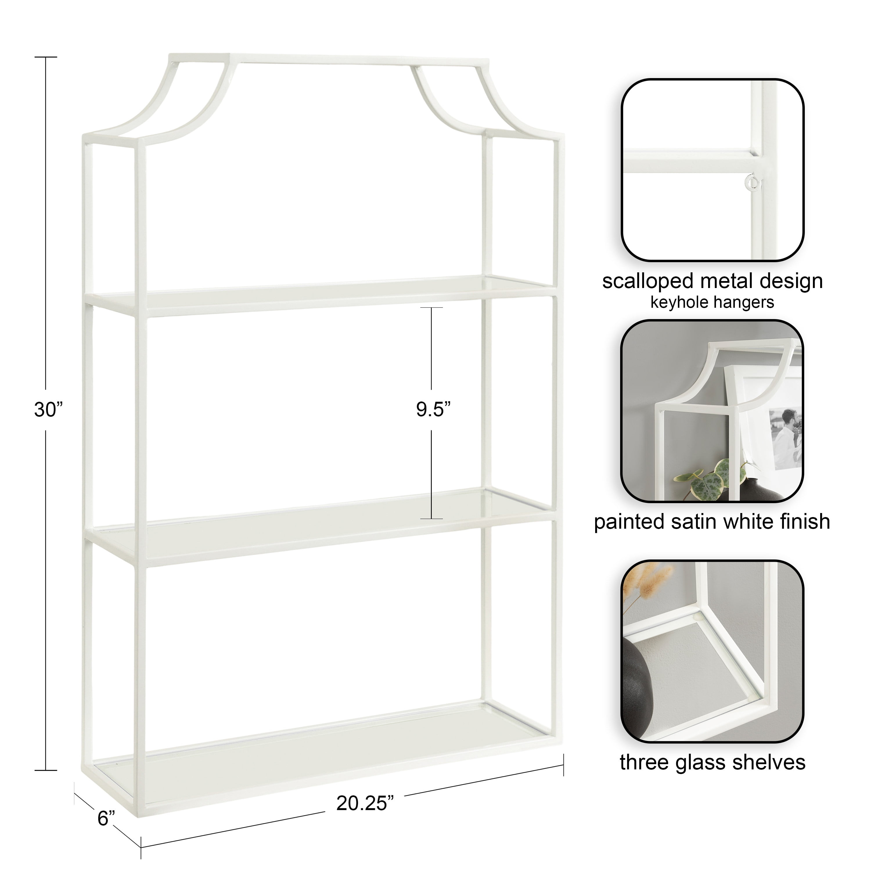Kate and Laurel Ciel Three-Tiered Wall Shelf, 21 x 30, White, Decorative Floating Shelf Storage and Wall Organizer for Over Toilet Storage Bathroom Display