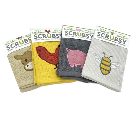 

MU Kitchen Scrubsy Dish Cloth Set with Built In Scrubber Set of 4 Farm Animals
