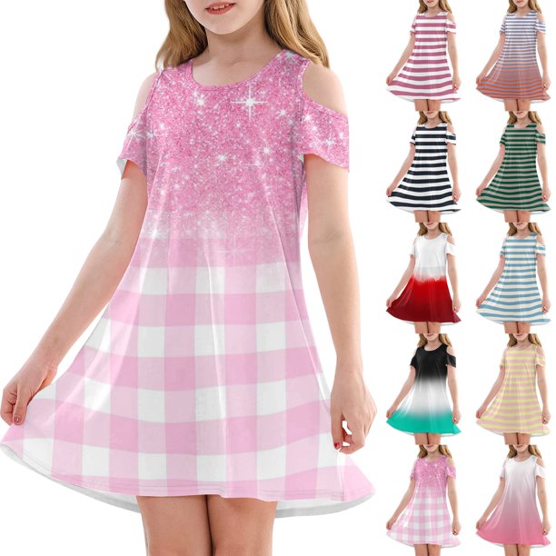 Girls Summer Dress Tween Dresses Cold Shoulder Gradient Dress Stylish Short Sleeve A-Line Summer Dress for Kids ,Sie:160