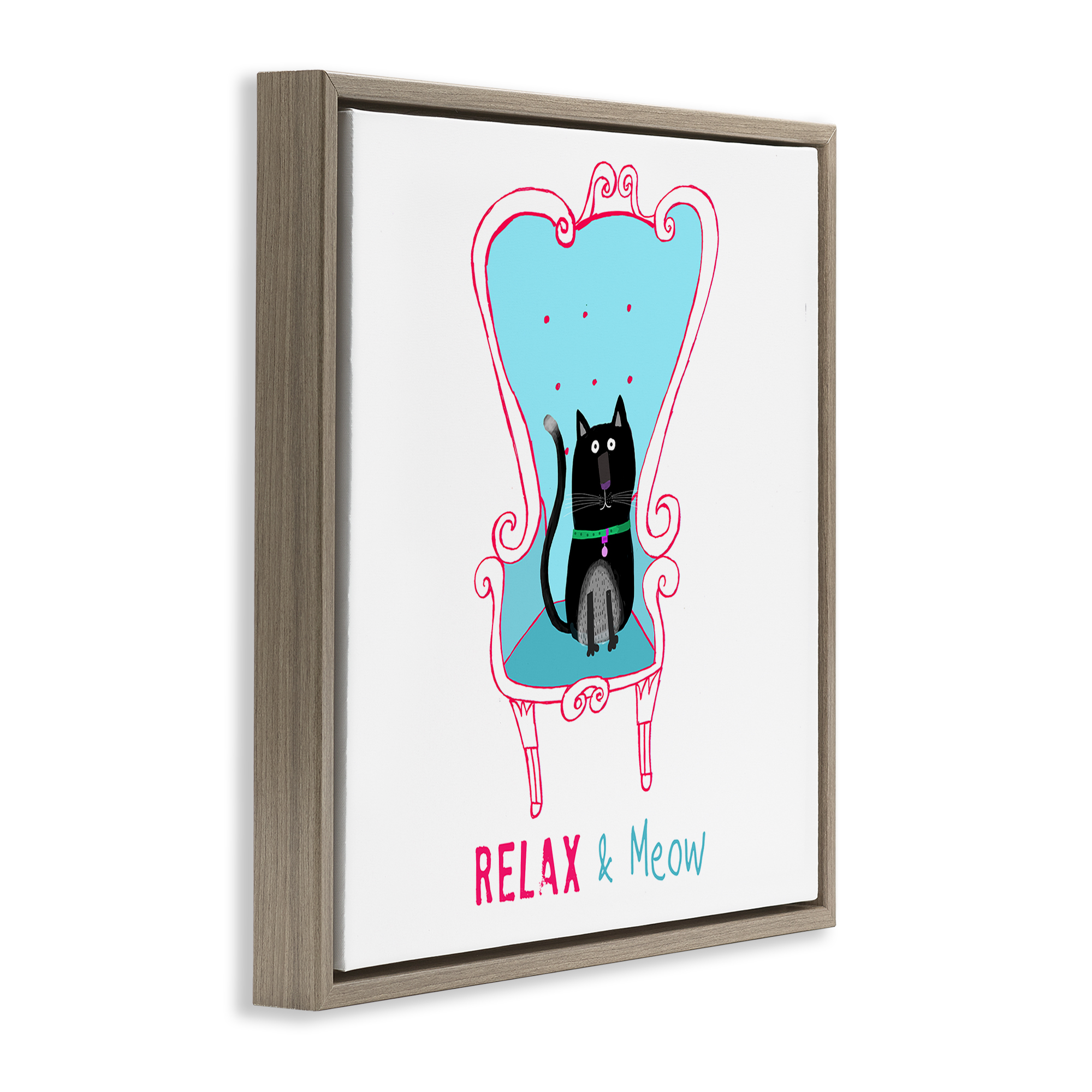Stupell Industries Relax & Meow Cat Furniture Painting Brown Floater Framed Canvas Art Print Wall Art, 18 x 18